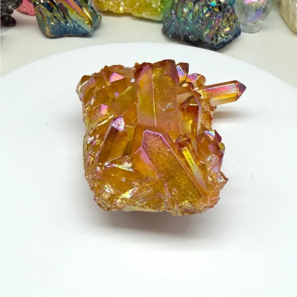 Amber Aura Quartz Crystal Cluster Orange Clear AB Aurora Iridescent Stone
